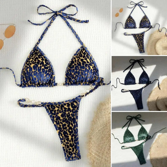 2Pcs/Set Women Bikini Set Leopard Print Halter Bra Faux Pearls Briefs Set Quick Drying Two-piece Lady Swimsuit Beachwear