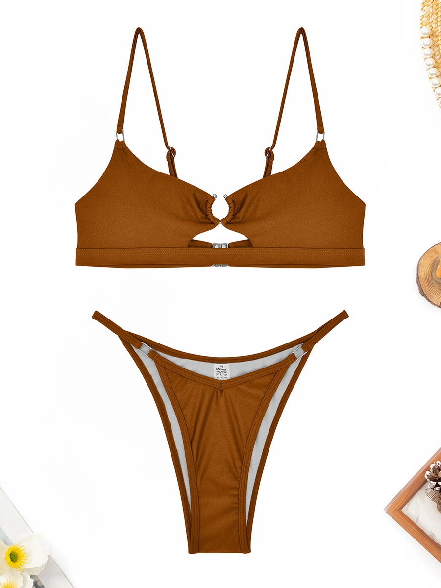 Hollow Out Bikini 2025 Solid Ring Link Swimsuit Women Padded Swimwear Female Bathers Bathing Swimming Swim Suit Beachwear