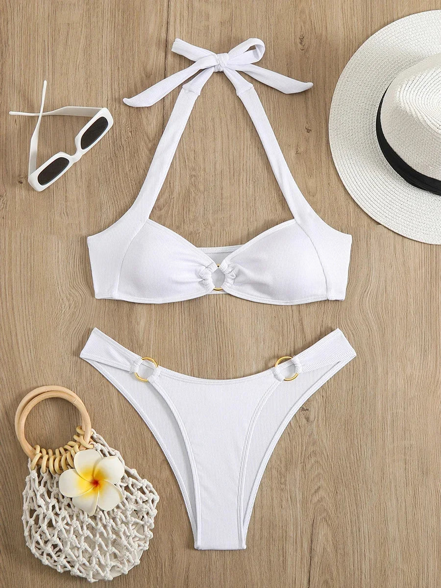 Sexy Women's Swimsuit Bikini Set Solid Halter Split Micro Bikini Two-piece Swimwear 2025 New Summer Swimming Beach Bathing Suits