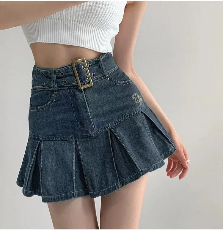 High Waist Denim Mini Skirt for Women Summer American Style Retro Pleated A- Line Short Skirt Trendy Cotton Denim Skirts