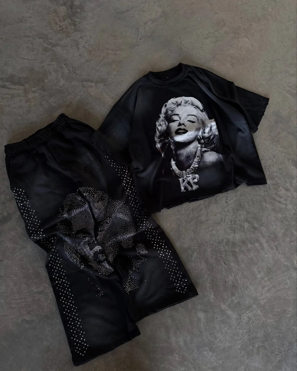 Y2k Clothes for Men Gothic Retro Sweatpants T Shirts Two Piece Set Casual Tracksuit Men Oversized Diamond Pattern Street Set
