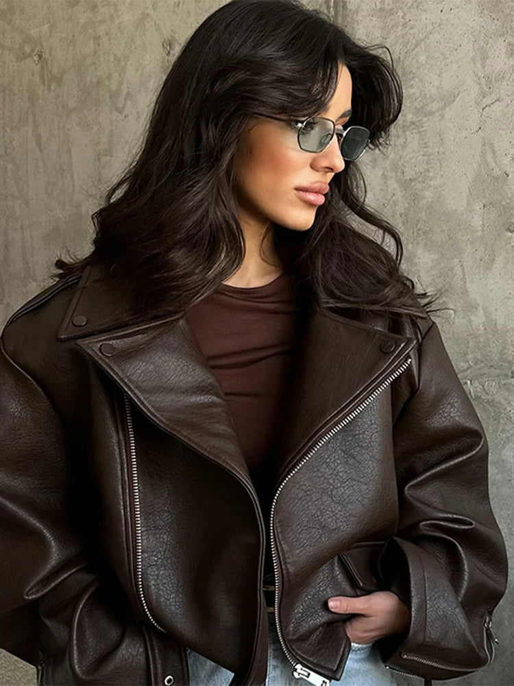 PU Leather Jacket For Women Zipper Turn-down Collar Loose Fashion Coat Luxury Brown 2025 Spring Street Motorcycle Overcoat Top