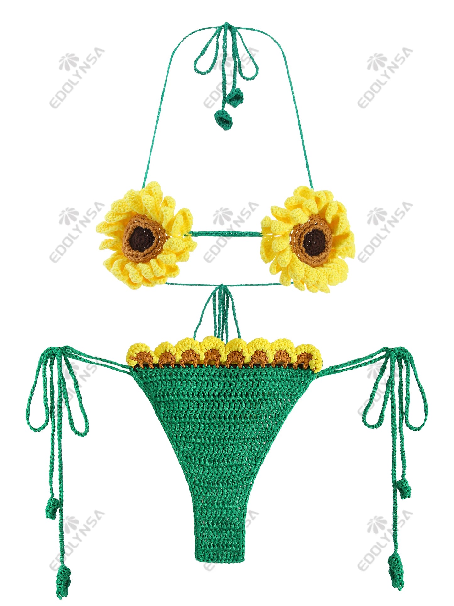 2 Piece Bikini Set 2025 Summer Yellow Sunflower Crochet Swimsuit Suit Set Beach Wear Bikinis Cover-up Women Bathing Suits K224
