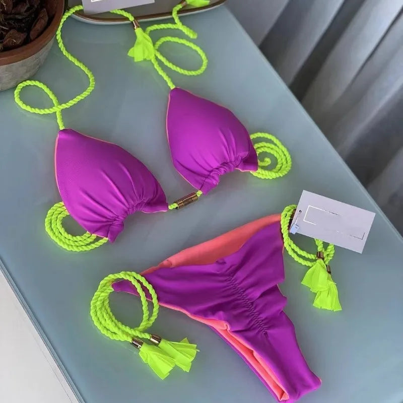 Women Bikini Rope Triangle Swimsuit Multicolor Sexy Low Waisted Bikini Set Swimsuit Swimwear Women BeachwearBrazilian biquini
