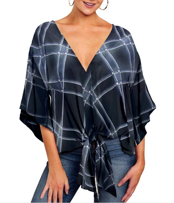Spring Summer 2024 New Women's Shirt Sexy V-neck Short Sleeved Fashionable Printed Knot Printed  Sleeve Top