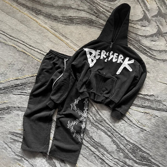 Y2K Letter Patch Embroidered Zippered Hooded Sweatshirt High Street Trend Comfortable Sweatpants Men Women Hip Hop Street Suit