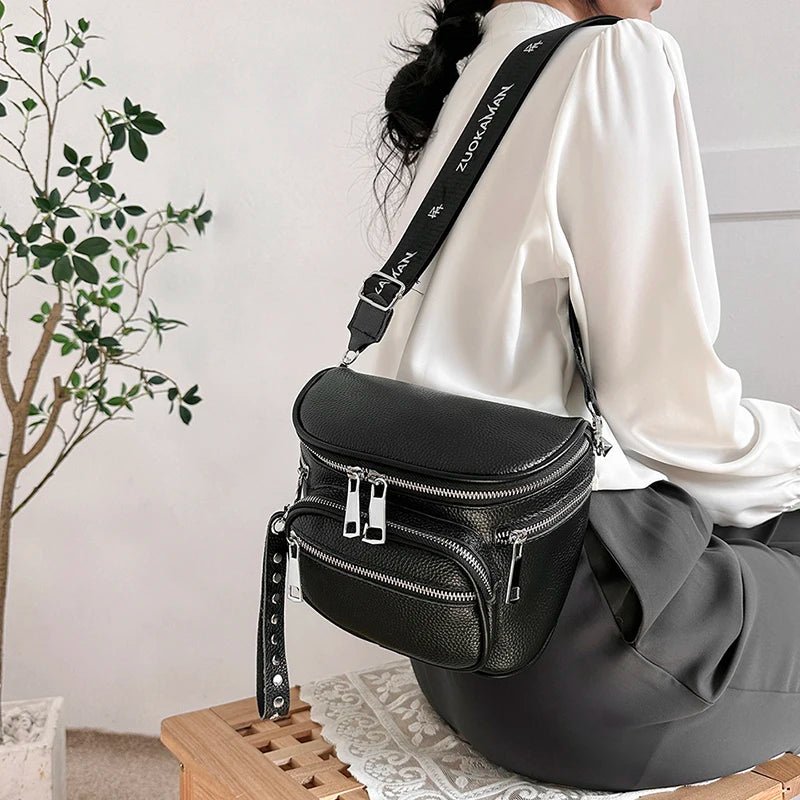 High Quality 100%Natural Cowskin Female Shoulder Crossbody Tote Genuine Leather Saddle Bags For Women Casual Wide Strap Handbags
