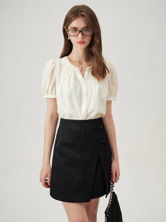 FSLE Beige Mini Skirts New Chinese Style Asymmetric Jacquard Short Skirt Summer Women Black A-LINE Skirts 24FS12897