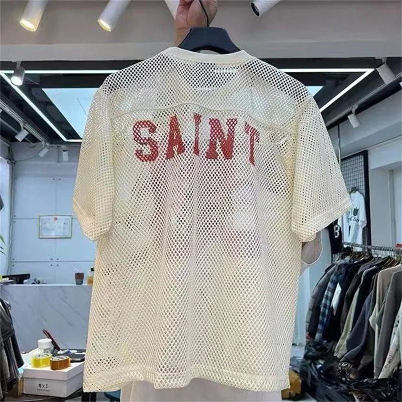 Loose Casual Men Women Mesh Breathable T Shirt Street Clothing Saint Digital Printed Short Sleeve Black Almond Blue T-Shirt