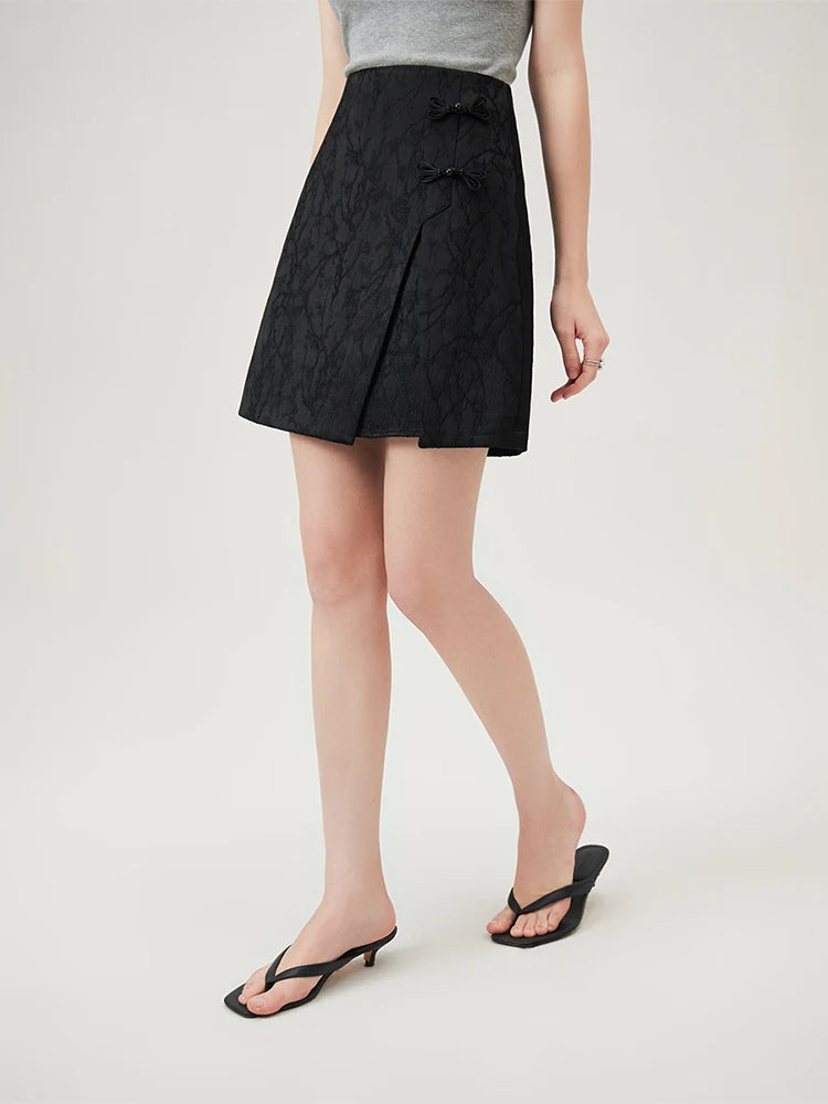 FSLE Beige Mini Skirts New Chinese Style Asymmetric Jacquard Short Skirt Summer Women Black A-LINE Skirts 24FS12897