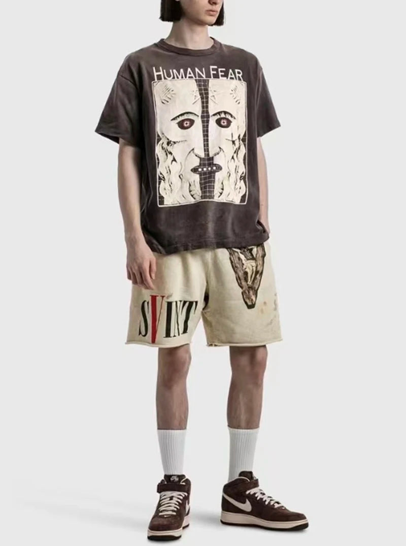 Vintage Series Saint Round Neck Sexy Robot Printed Casual High Quality Oversized T Shirt Harajuku Streetwear Men