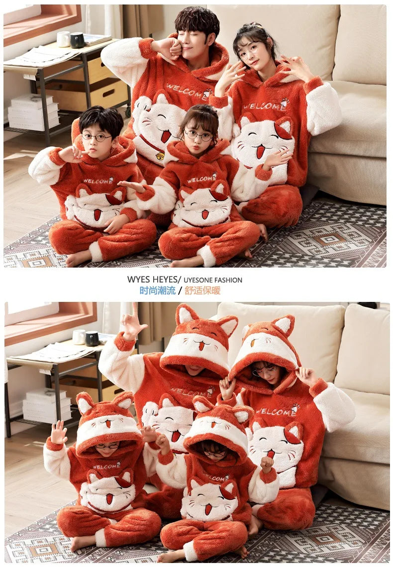 Winter Thicken Family Parent-Child Outfits Pijamas Sets Women Men Anime Sleepwear Adult  Pyjamas Korean Hoodie Suits