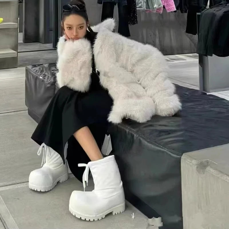 Brand Big Head Ugly Snow Boots Winter Waterproof Non-slip Drawstring Thick Bottom Warm Heightening Short Boots Women's Ski Boots