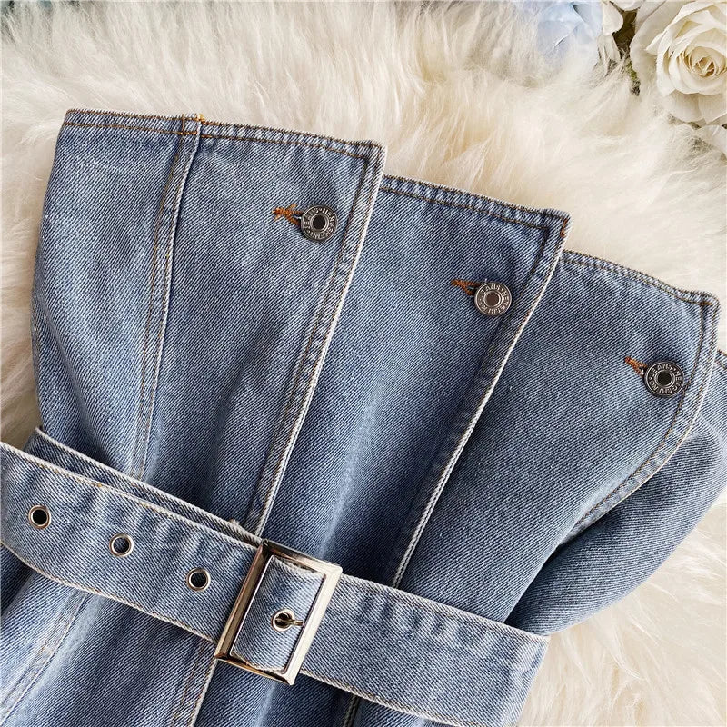 Fashion Strapless Denim Tops Summer Off Shoulder Women Short Vest With Belt Female Jean Tank Streetwear