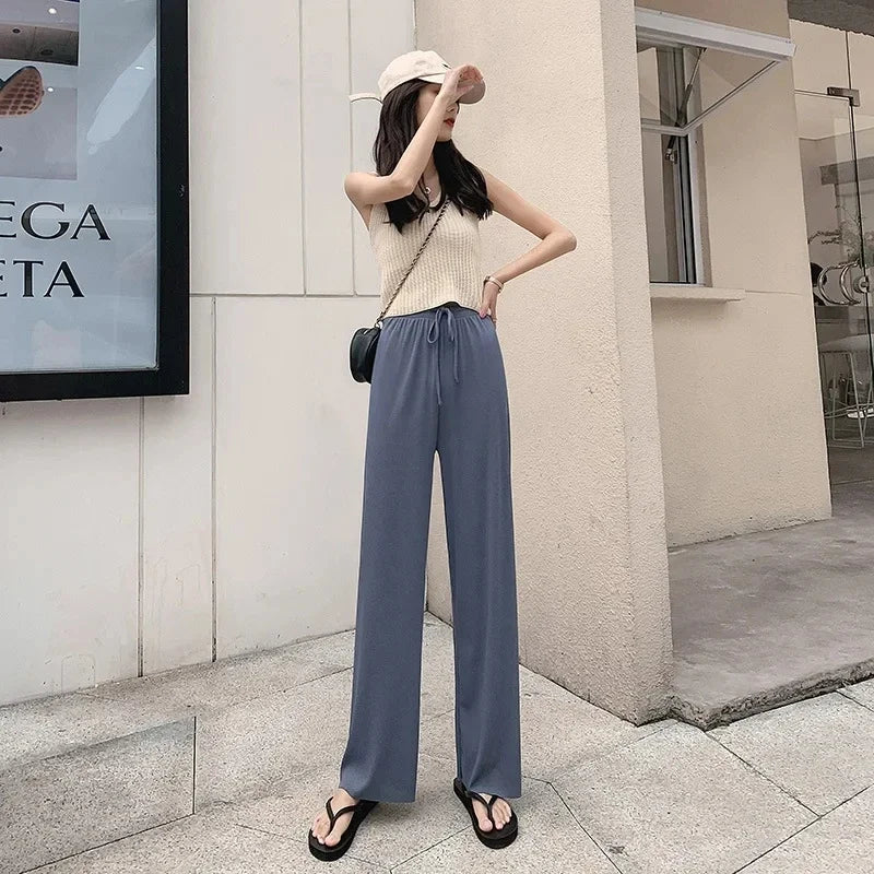 2025 Summer Thin Ice Silk Wide Leg Pants Women's Fashion Trendy Brand High Waist Comfortable Casual Loose Large Pants