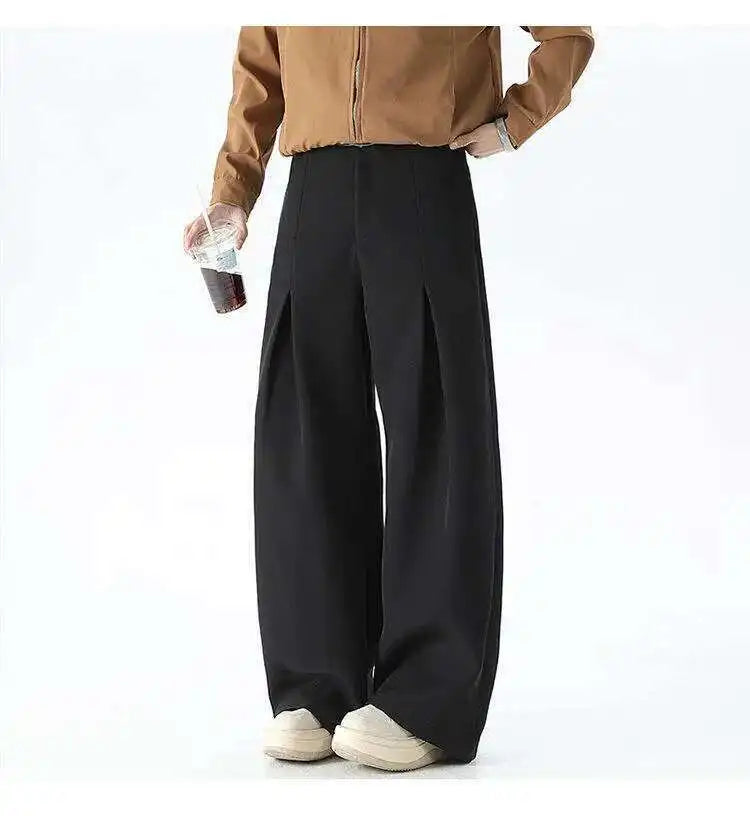 IEFB Pleated Design Men's Suit Pants Casual Solid Color American Style Bottom Drape Straight Wide Leg Male Trousers Simple 9W717
