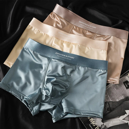 Luxury Ice Silk Satin-like Men's Boxershort Panties 3D Double-layer Crotch Breathable Comfortable Cool Underpants Man Underwear