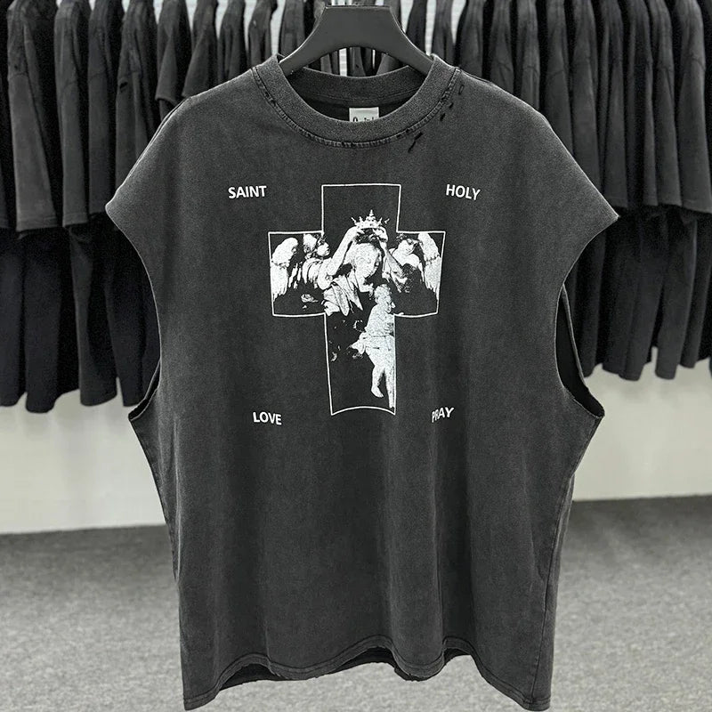 Red Skull Finger Print Damaged Hole Saint Tank Tee Men Women Streetwear Oversized Vest Vintage Washe Black Sleeveless T Shirt