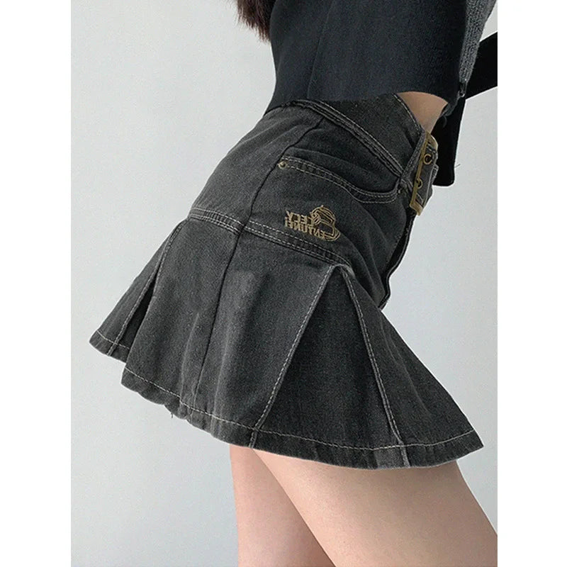 High Waist Denim Mini Skirt for Women Summer American Style Retro Pleated A- Line Short Skirt Trendy Cotton Denim Skirts