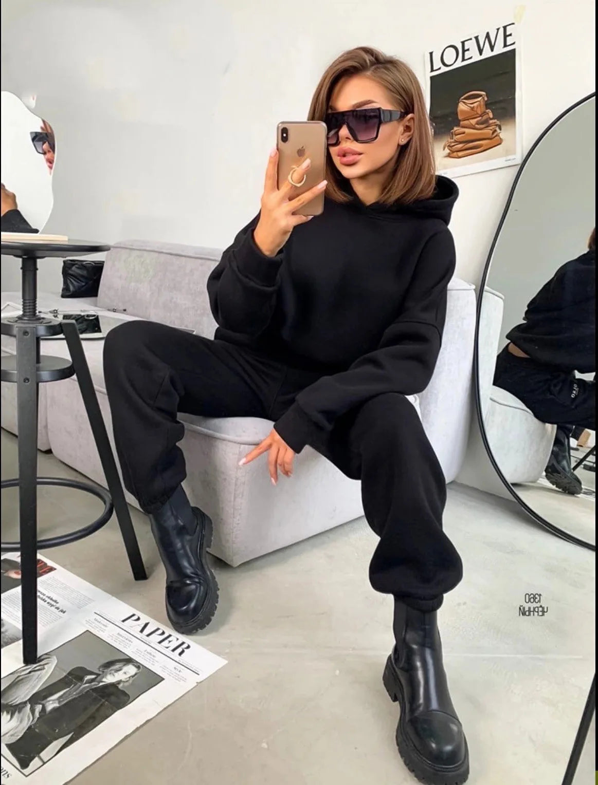 Pullover Hooded Tracksuit Women Two Pieces Pant Sets Sweatshirts Pockets Pants Suit Thick Elastic Waist Spliced Sporty Autumn