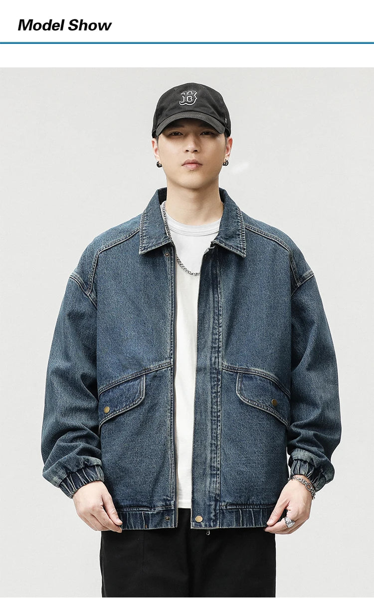 2023 Autumn Men's Denim Jacket Vintage Large Pocket Elastic Cuffs Baggy Coat Oversized Japanese Casual Streetwear 4XL 5XL