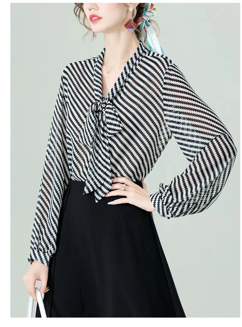 Spring Summer Women Chiffon Shirt Stripe Loose Long Sleeve Bow Office Fashion Urban Cardigan Elegant Women's Blouses 2022 5XL