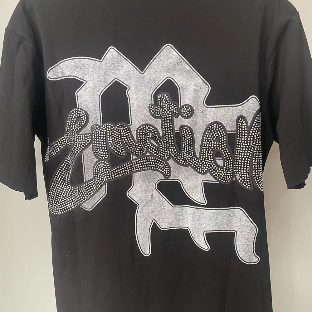 Summer Letter Rhinestone Short Sleeve Tshirts for Men White Streetwear Cotton Loose Crew Neck Top Tees Oversized Unisex Tshirt