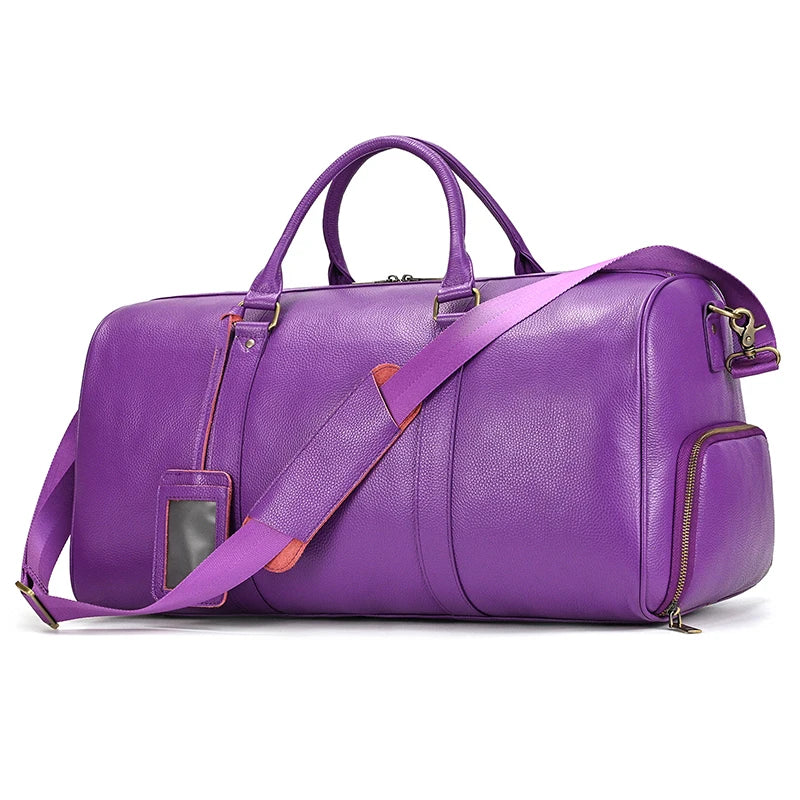 Sac de voyage en cuir véritable de grande capacité pour hommes et femmes, en cuir de vache noir souple, polochon de voyage décontracté, grand sac à bandoulière pour week-end