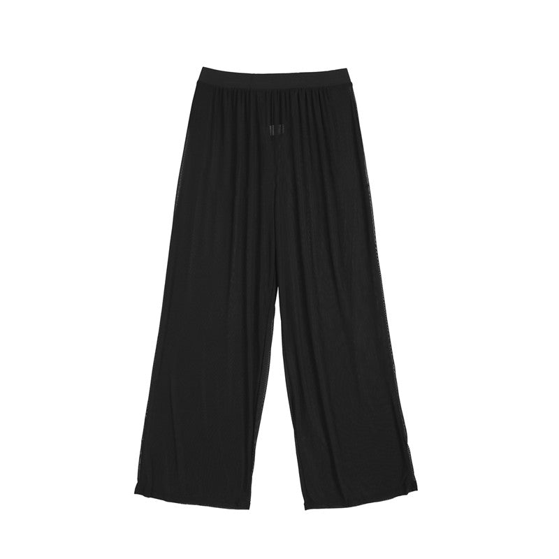 Women See Throug Mesh Cover up Pants Swimsuit Bikini Bottom Cover up Elastic Waist Loose Wide Leg Long Palazzo Pants Trousers
