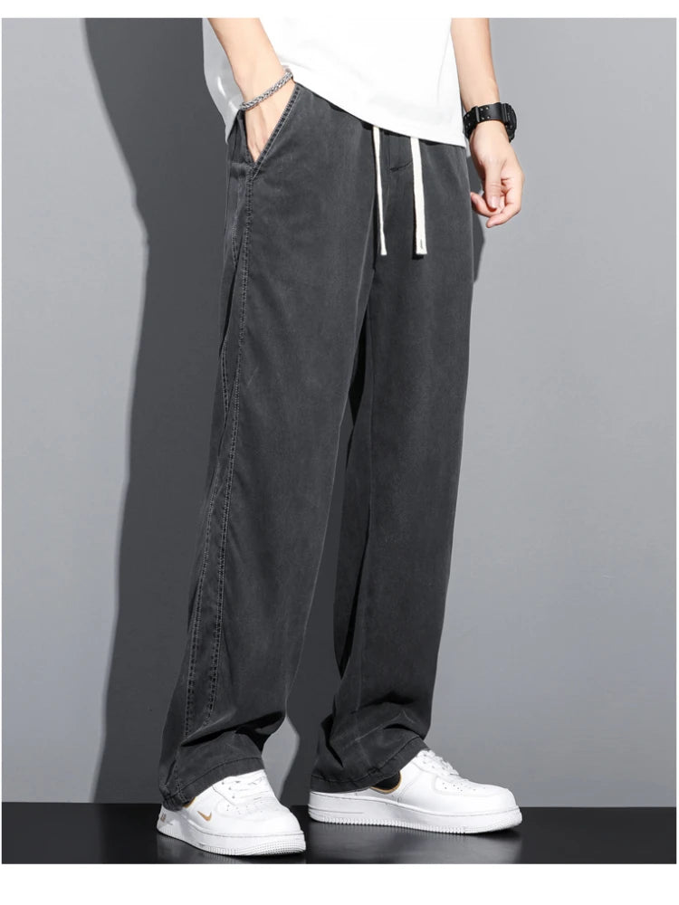 Summer Soft Lyocell Fabric Men's Jeans Thin Loose Straight Pants Drawstring Elastic Waist Korea Casual Trousers Plus Size