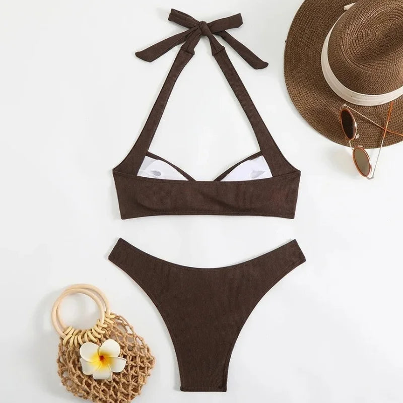 Sexy Women's Swimsuit Bikini Set Solid Halter Split Micro Bikini Two-piece Swimwear 2025 New Summer Swimming Beach Bathing Suits