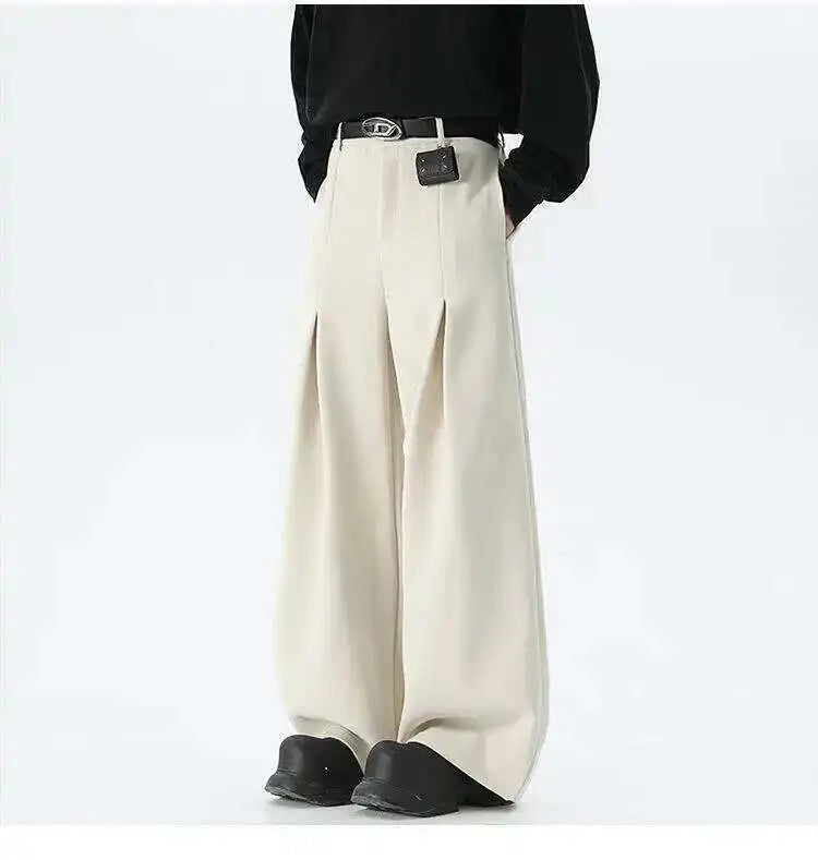 IEFB Pleated Design Men's Suit Pants Casual Solid Color American Style Bottom Drape Straight Wide Leg Male Trousers Simple 9W717