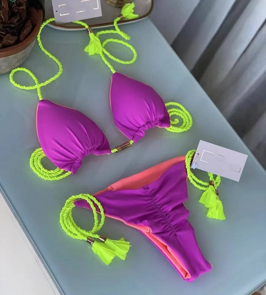 Women Bikini Rope Triangle Swimsuit Multicolor Sexy Low Waisted Bikini Set Swimsuit Swimwear Women BeachwearBrazilian biquini