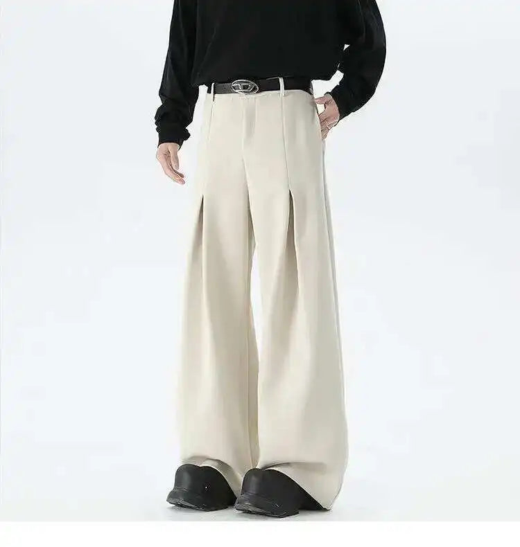 IEFB Pleated Design Men's Suit Pants Casual Solid Color American Style Bottom Drape Straight Wide Leg Male Trousers Simple 9W717
