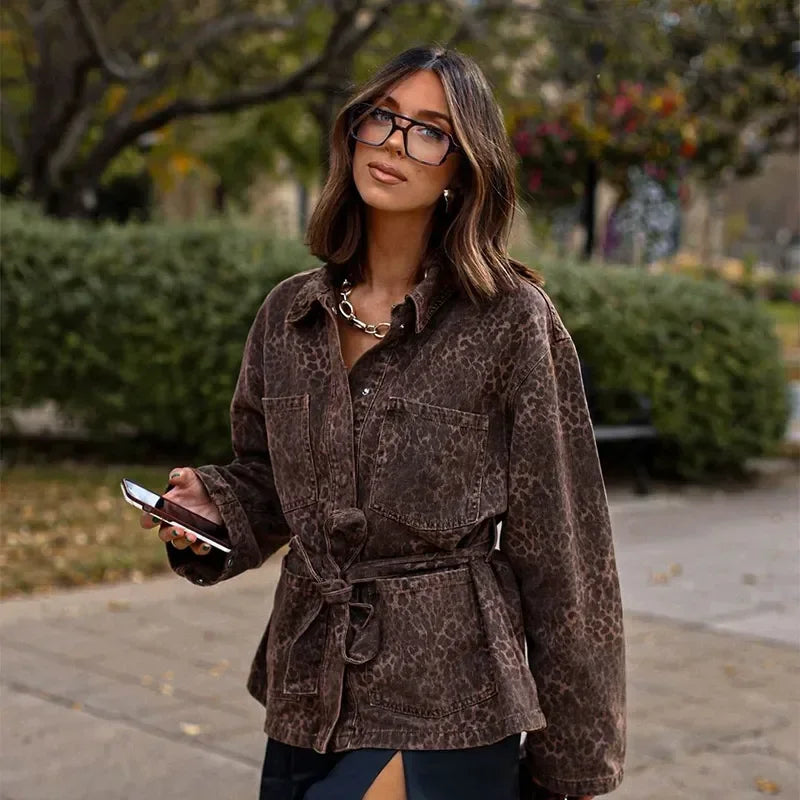 Leopard Printed Denim Single Breasted Belt Women's Coat Fashion Lapel Long Sleeve Short Jacket Fall New Lady Highstreet Outwear