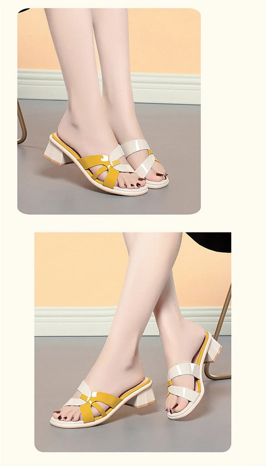 Women Slippers Patent Leather Mixed Colors Female Flip flop Shoes Summer Fashion High Heels Slides Ladies Comfortable Sandals
