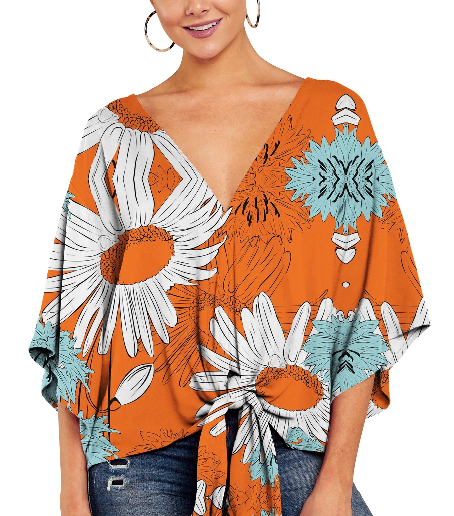 Spring Summer 2024 New Women's Shirt Sexy V-neck Short Sleeved Fashionable Printed Knot Printed  Sleeve Top