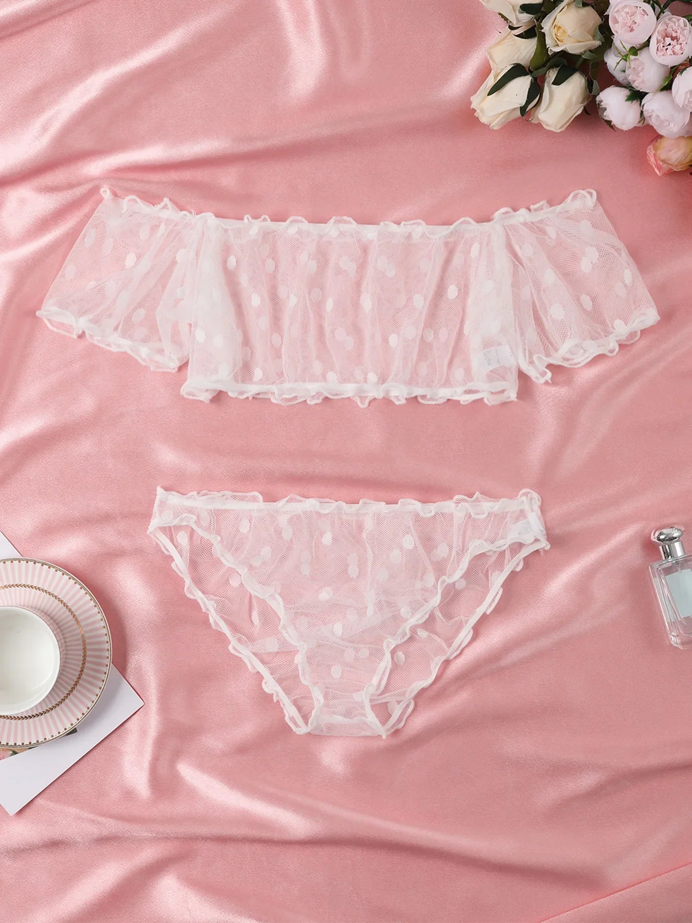 Polka Dot Pattern Semi-sheer Design Lingeries Sexys Woman Bustier Top And Panty Sets Women's Sexy Clothing Summer Outfit