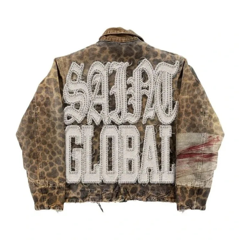 Gothic Retro Leopard Print Pattern Mens Clothes Y2k Two Piece Set Zipper Jacket Ripped Jeans Tracksuit Men Patchwork Streetwear