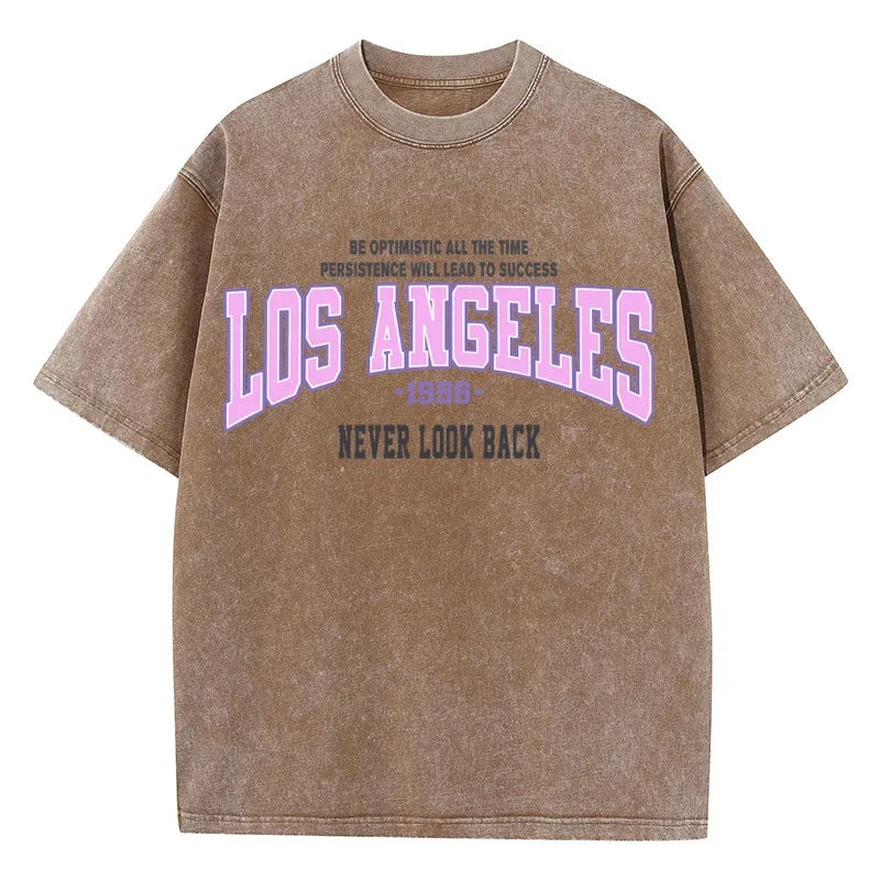 Cotton Washed T-Shirts Trend Distressed Loose Tees Los Angeles 1996 Printing Short Sleeve Summer  Clothes