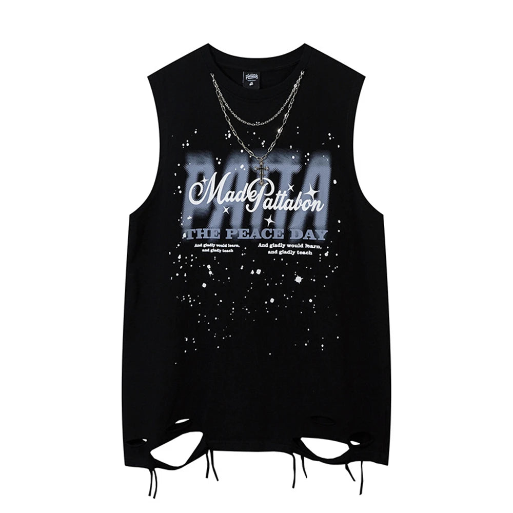 Hip Hop Tank Tops Men's Vintage Letter Graphic Sleeveless T-Shirt Streetwear Hole Harajuku Dancing Breathable Tops with Necklace