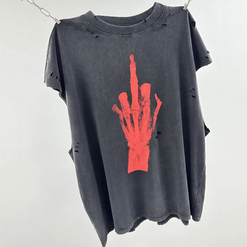 Red Skull Finger Print Damaged Hole Saint Tank Tee Men Women Streetwear Oversized Vest Vintage Washe Black Sleeveless T Shirt
