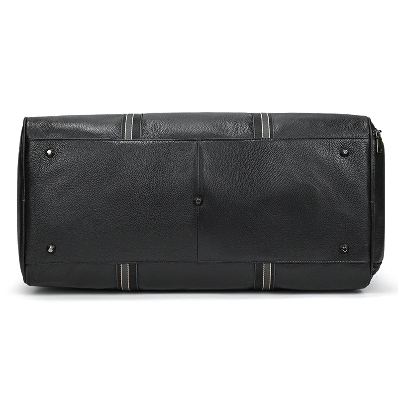 Sac de voyage en cuir véritable de grande capacité pour hommes et femmes, en cuir de vache noir souple, polochon de voyage décontracté, grand sac à bandoulière pour week-end