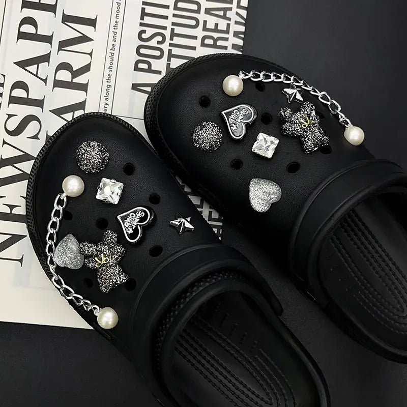 Sparkling Bear Love Rhinestone Pearl Chain Shoe Charms for Crocs Clogs Pins Decorations Slipper Accessories Garden Sandals Gift