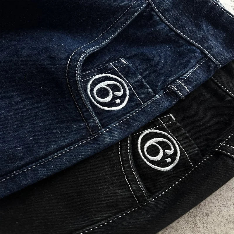 Y2K Fashion Retro Jeans High Quality White Embroidery Logo Casual Loose Denim Shorts Men Women Punk Rock High Waist Streetwear