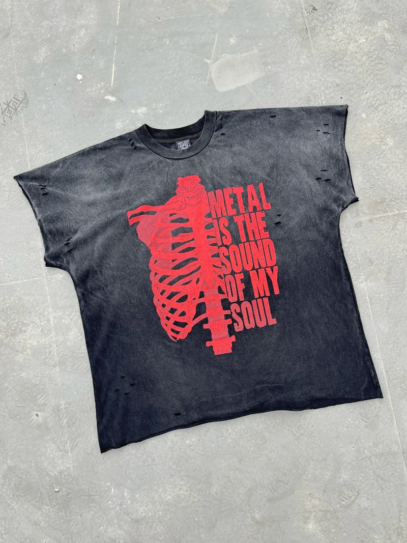 Half Red Skeletons Bone Print Box Tee Hole Damaged Tank Tops T-shirt Men Women Classic Text Graphic Short Sleeve T Shirt Clothes