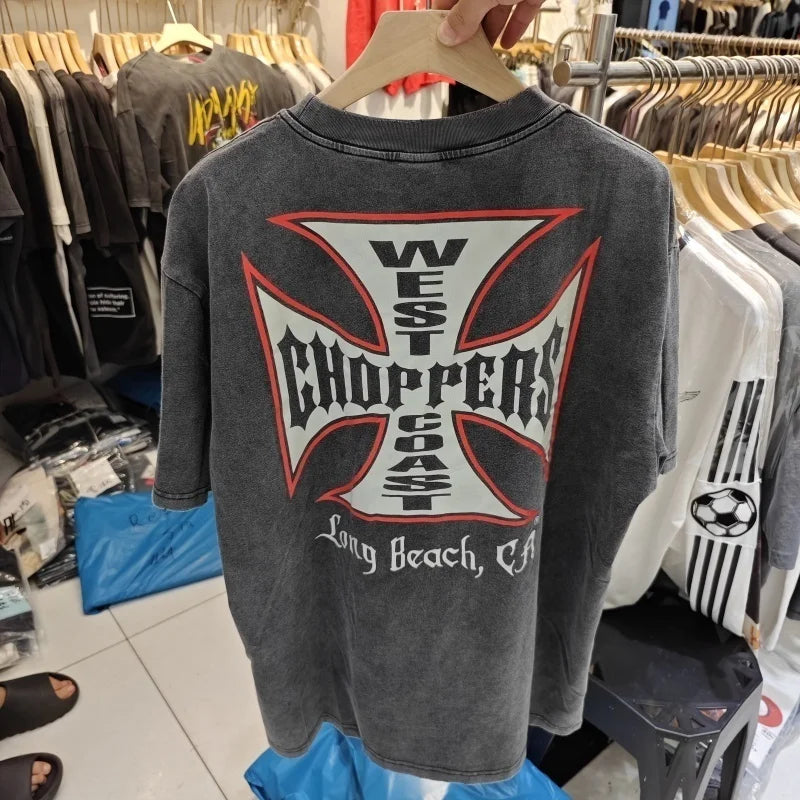 Vintage West Coast Choppers Printed T-Shirt Men's 100% Cotton Breathable Retro Biker Style Loose Fit Casual Streetwear
