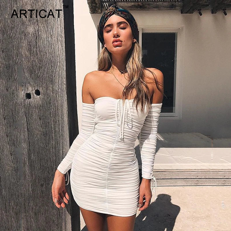 Articat – robe à bandes pour femmes, Sexy, épaules dénudées, manches longues, Slim, élastique, moulante, robes de soirée, automne hiver, 2022
