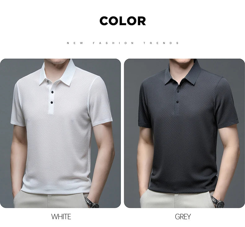 Summer New Men's Lop-up Hollow Short-sleeved Polo Shirt Ice Silk Breathable Business Fashion T-Shirt Male Brand Clothes