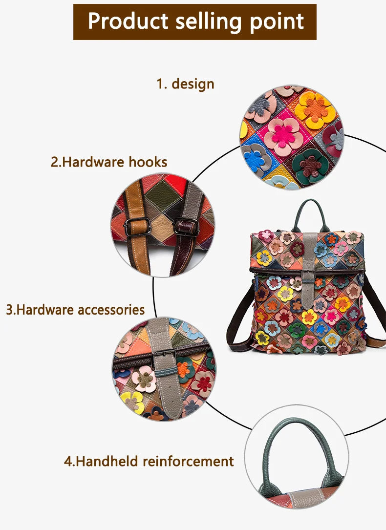 Handmade bag, three-dimensional floral romantic backpack, colorful patchwork retro backpack, luxurious travel experience